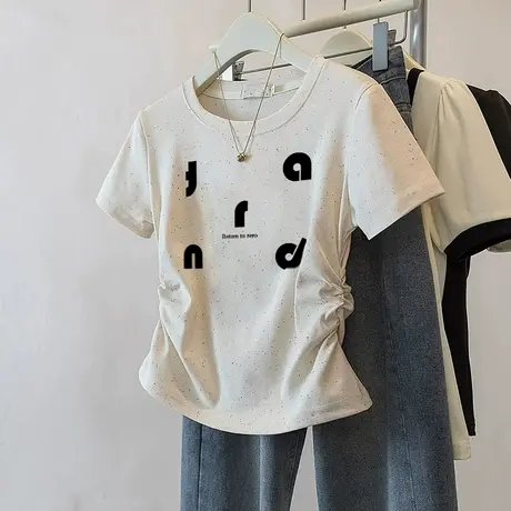 正肩圆领褶皱收腰短袖t恤女2025夏季新款甜妹风洋气彩虹波点上衣图片