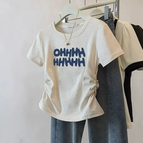 2025甜妹风修身褶皱收腰短款t恤女夏季新款彩虹波点洋气短袖上衣图片