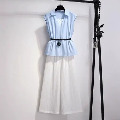 拉夏贝尔夏日套装女2025新款大方得体穿搭一整套衬衫阔腿裤三件套商品大图