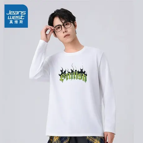 XC真维斯男装衣服2025春季新款 男款印花长袖圆领T恤上衣红色打底商品大图