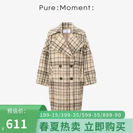 Pure:🈳Moment/🈴毛呢外套女2021年秋冬中长款格子大翻领宽松休闲大衣商品大图