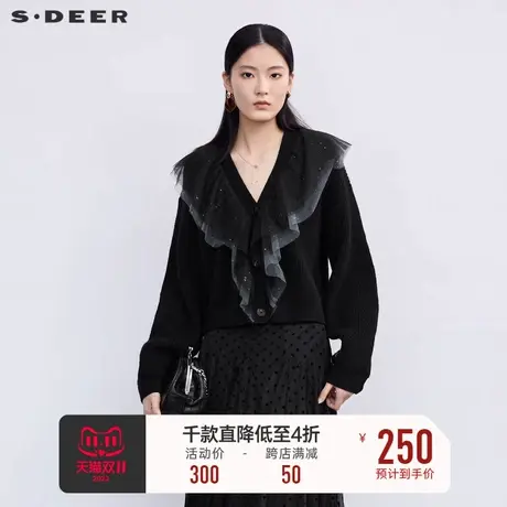 sdeer圣迪奥女装休闲V领网纱撞色开衫针织衫S223Z3538图片