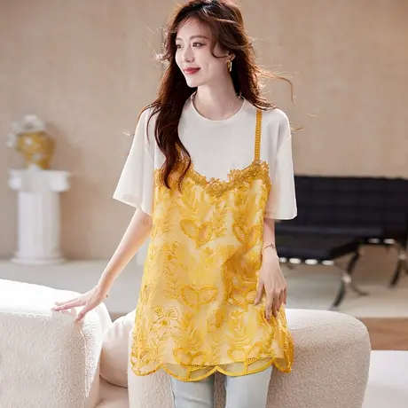 宝诗黎假两件刺绣拼接T恤女2025夏季中长款时尚百搭洋气宽松短袖图片