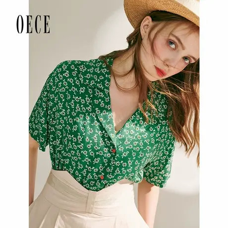 oece夏装新款女装浅夏绿色小雏菊元气复古甜美翻领短袖上衣商品大图