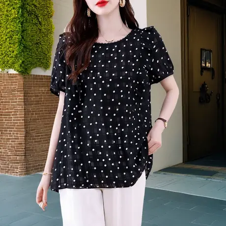 波点雪纺衫女2025新款夏季宽松遮肚显瘦洋气妈妈上衣薄款T恤小衫商品大图