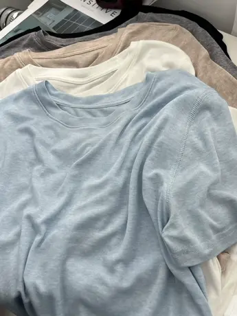 软绵绵莱赛尔薄款短袖t恤女夏宽松温柔纯色圆领套头针织打底上衣商品大图