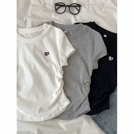 2025夏季新款爱心刺绣短袖T恤女韩版修身显瘦小个子短款半袖上衣图片