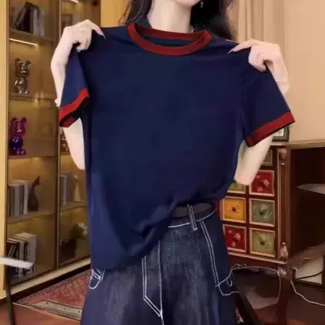 撞色设计感小众短袖T恤女夏季韩版修身纯棉打底衫内搭可外穿上衣商品大图