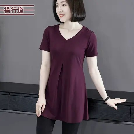 2025夏装新款简约休闲纯色V领中长款包臀女上衣服短袖T恤外穿大码商品大图
