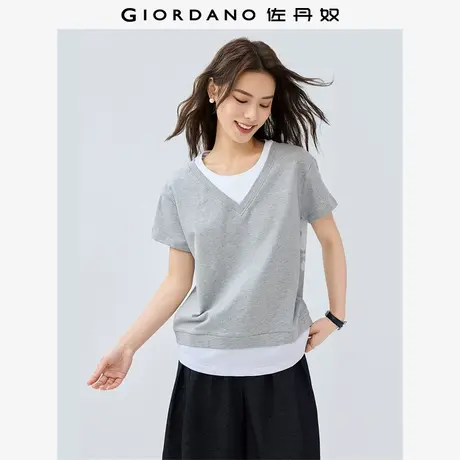 佐丹奴T恤女装纯棉假两件撞色圆领针织短袖T恤 05325454商品大图