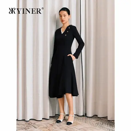 【醋酸系列】YINER音儿秋季法式撞色V领高腰线连衣裙商品大图