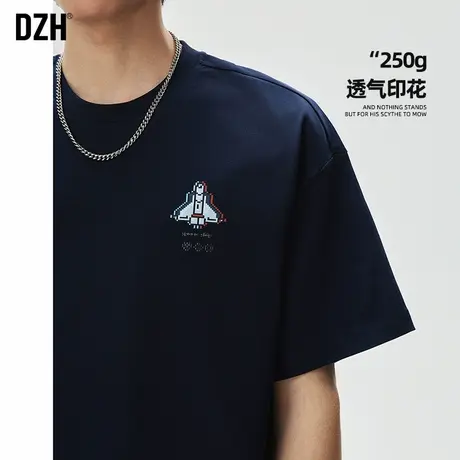 男士藏青色印花t恤男夏季2025新款圆领短袖美式男款潮牌男装半袖图片