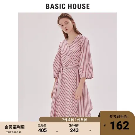 Basic House/百家好女装竖条纹中长款束腰衬衫连衣裙HTOP320C商品大图