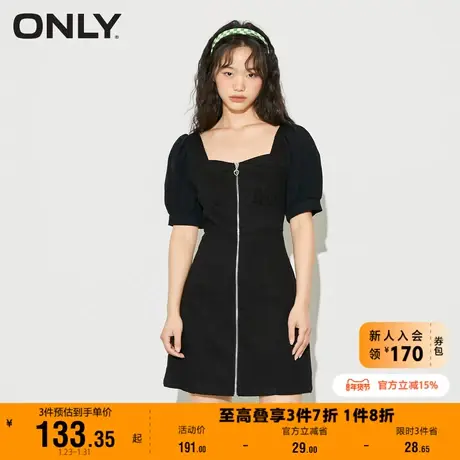 【上新】ONLY奥莱夏季法式方领短款收腰黑色牛仔连衣裙女图片