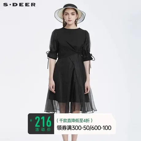 sdeer圣迪奥女装夏装圆领收腰网纱拼接泡泡袖黑色连衣裙S22281262🍸商品大图