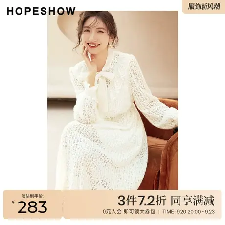 红袖outlets香风灯笼袖连衣裙hopeshow2022冬季荷叶边飘带淑女裙图片