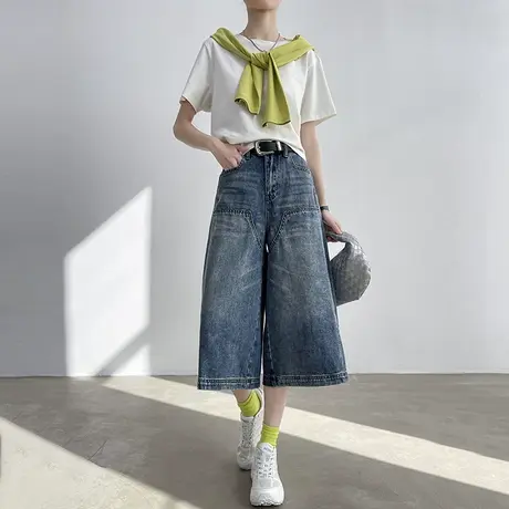 浅蓝色七分蕾丝花边牛仔阔腿裤女夏季薄款高腰宽松小个子直筒裤子商品大图