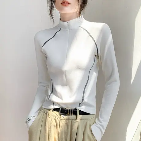 拉链半高领德绒上衣秋冬新款修身显瘦内搭保暖白色打底衫女可外穿图片