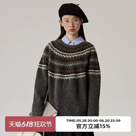 omont蛋挞家100%羊毛圆领慵懒费尔岛毛衣冬小众提花休闲上衣商品大图
