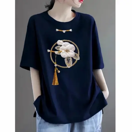 国潮新中式国风短袖t恤女2025新款夏季穿搭时尚印花大码宽松上衣图片