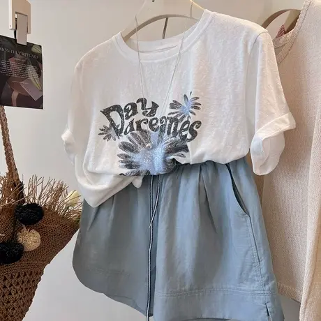 泡菜国同款！太阳花印染 韩国透气棉凉爽舒适圆领宽松薄款短袖t恤图片