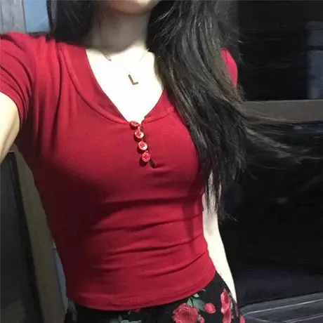 韩系甜辣妹V领短袖T恤女夏季修身韩版短款小个子打底衫半袖上衣潮商品大图