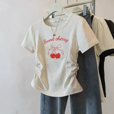 潮流短款收腰t恤女新款褶皱修身彩虹波点短袖减龄2025小个子上衣图片