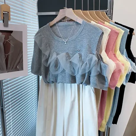 蕾丝露肩圆领针织衫女2025夏装新款宽松外穿上衣薄款短袖t恤衫潮商品大图