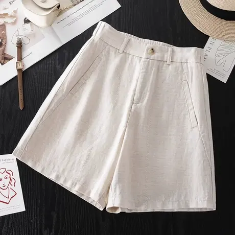 拉夏贝尔天丝亚麻阔腿短裤女夏薄款2025新款高腰显瘦休闲裤五分裤商品大图