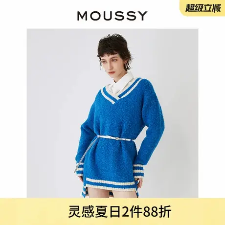 MOUSSY 新品新年氛围感撞色V领毛绒针织长袖连衣裙028HS470-0251商品大图