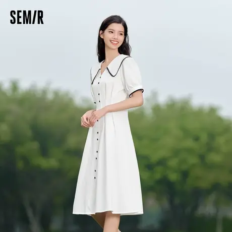 森马连衣裙女纯棉泡泡袖初恋裙2024新款夏撞色大翻领中长裙学院风商品大图