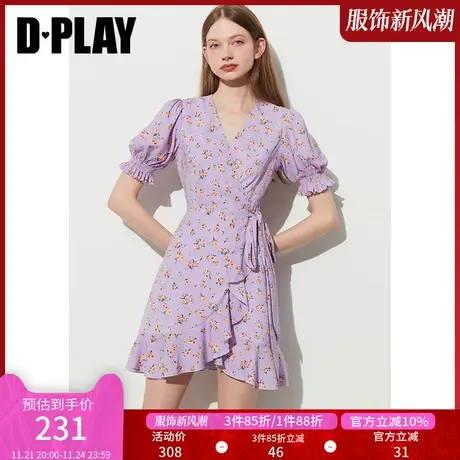 DPLAY夏新法式复古度假紫调碎花交叠系带茶歇裙印花连衣裙图片