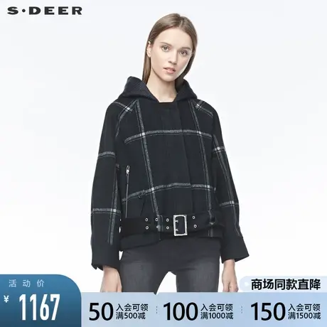 sdeer圣迪奥女装个性连帽撞色格纹拉链收腰插肩袖外套S19482210图片