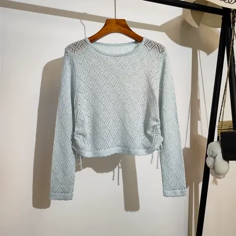 抽绳镂空针织衫女2024春夏新款宽松显瘦短款长袖防晒上衣披肩罩衫图片