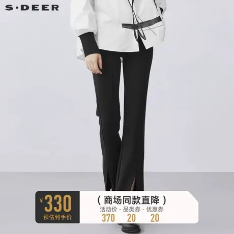 sdeer圣迪奥复古时尚高腰修身开衩喇叭黑色长裤S21380805图片