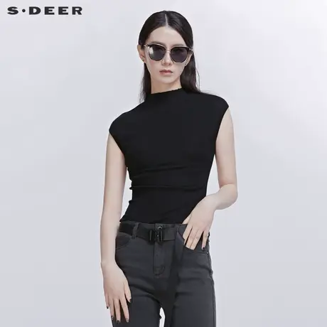 sdeer圣迪奥紧身无袖中领弹力条纹黑色针织衫毛衣女S20183516图片