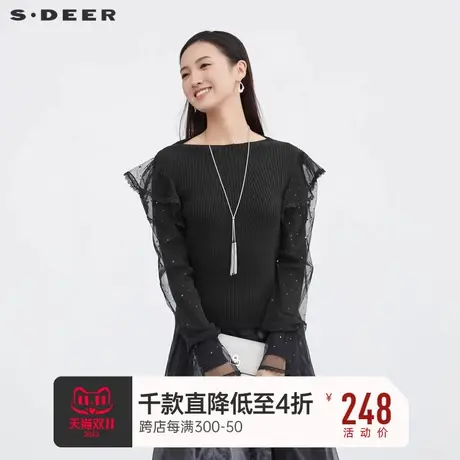 sdeer圣迪奥女罗纹圆领蕾丝网纱长袖针织衫S223Z3527图片