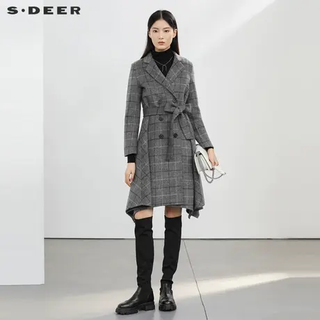 【直播间专属】sdeer圣迪奥西装领格纹收腰毛呢长款大衣S22482513图片