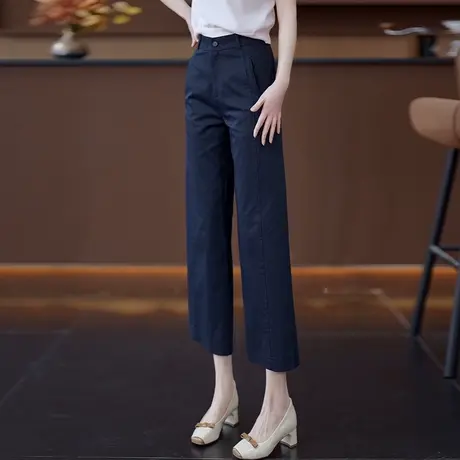 藏青色天丝棉窄版直筒休闲裤女夏季薄款高腰显瘦西装裤九分阔腿裤商品大图