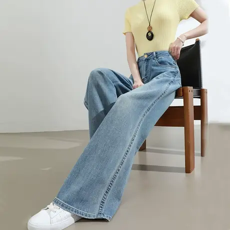 莱赛尔天丝软牛仔裤女夏季薄款高腰宽松垂感拖地绿色直筒阔腿裤子商品大图