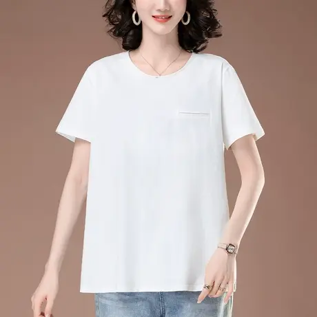 白色短袖t恤女夏季新款加大码女装宽松中年妈妈纯色百搭半袖体恤图片