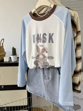 清爽甜美~雪花棉宽松大版字母小兔亲肤百搭插肩袖长袖T恤潮防晒衫商品大图