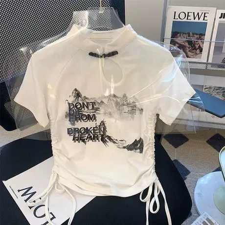 国风水墨盘扣镂空短袖T恤女夏季2025新款抽绳褶皱新中式上衣潮牌图片