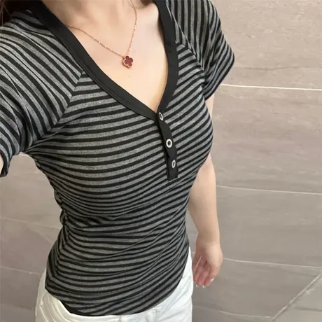 条纹V领正肩短袖T恤女夏季修身韩版小个子短款辣妹紧身收腰上衣潮商品大图