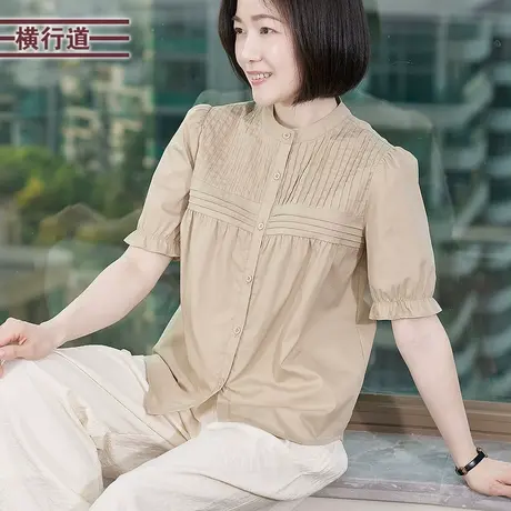 文艺风琴褶单排扣小衫上衣短袖衬衫纯色韩版百搭宽松衬衣夏季女装商品大图