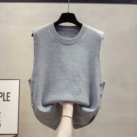 秋装设计感圆领马甲针织背心女款外穿休闲开叉时尚无袖毛衣女坎肩商品大图