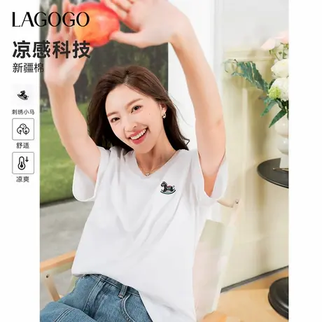 【凉感】LAGOGO刺绣小马宽松白色T恤女拉谷谷2025夏新款短袖上衣图片