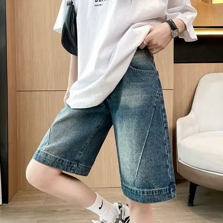 复古高腰牛仔五分阔腿短裤女2025年夏季新款宽松显瘦直筒休闲中裤商品大图