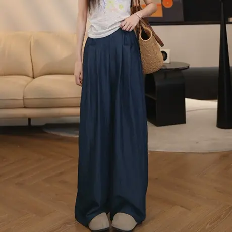 尔给休闲裤原色蓝直筒休闲裤女宽松显瘦褶皱设计阔腿长裤女商品大图