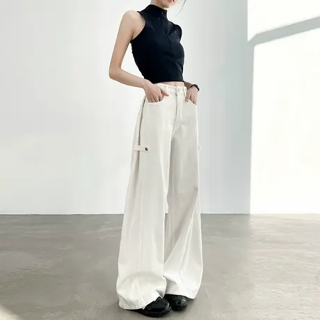 白色美式设计感牛仔裤女2025春秋新款高腰直筒垂感显瘦阔腿拖地裤商品大图